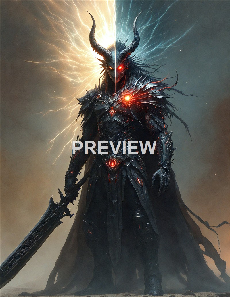 A dark, armored warrior with glowing red eyes, large curved horns, and lightning emanating from behind, holding a massive sword in a desolate landscape.